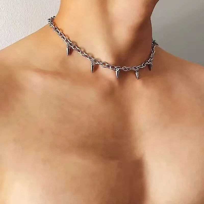 Men Punk Style Rivet Tassel Necklace Hip Hop Women Fashion Geometric Titanium Steel Chain Necklace