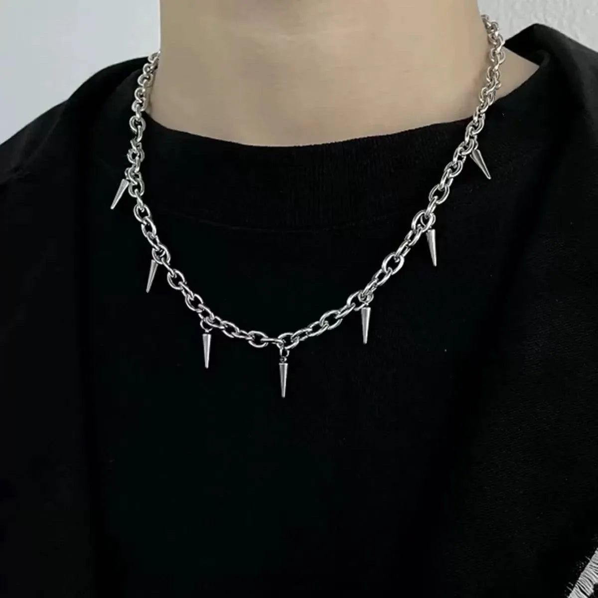 Men Punk Style Rivet Tassel Necklace Hip Hop Women Fashion Geometric Titanium Steel Chain Necklace