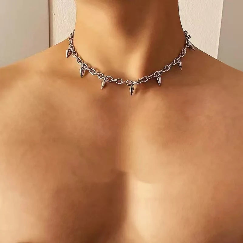 Men Punk Style Rivet Tassel Necklace Hip Hop Women Fashion Geometric Titanium Steel Chain Necklace
